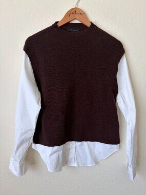Ann Taylor Sweater Women Small Brown Career Layered Mixed Media Poplin Top S